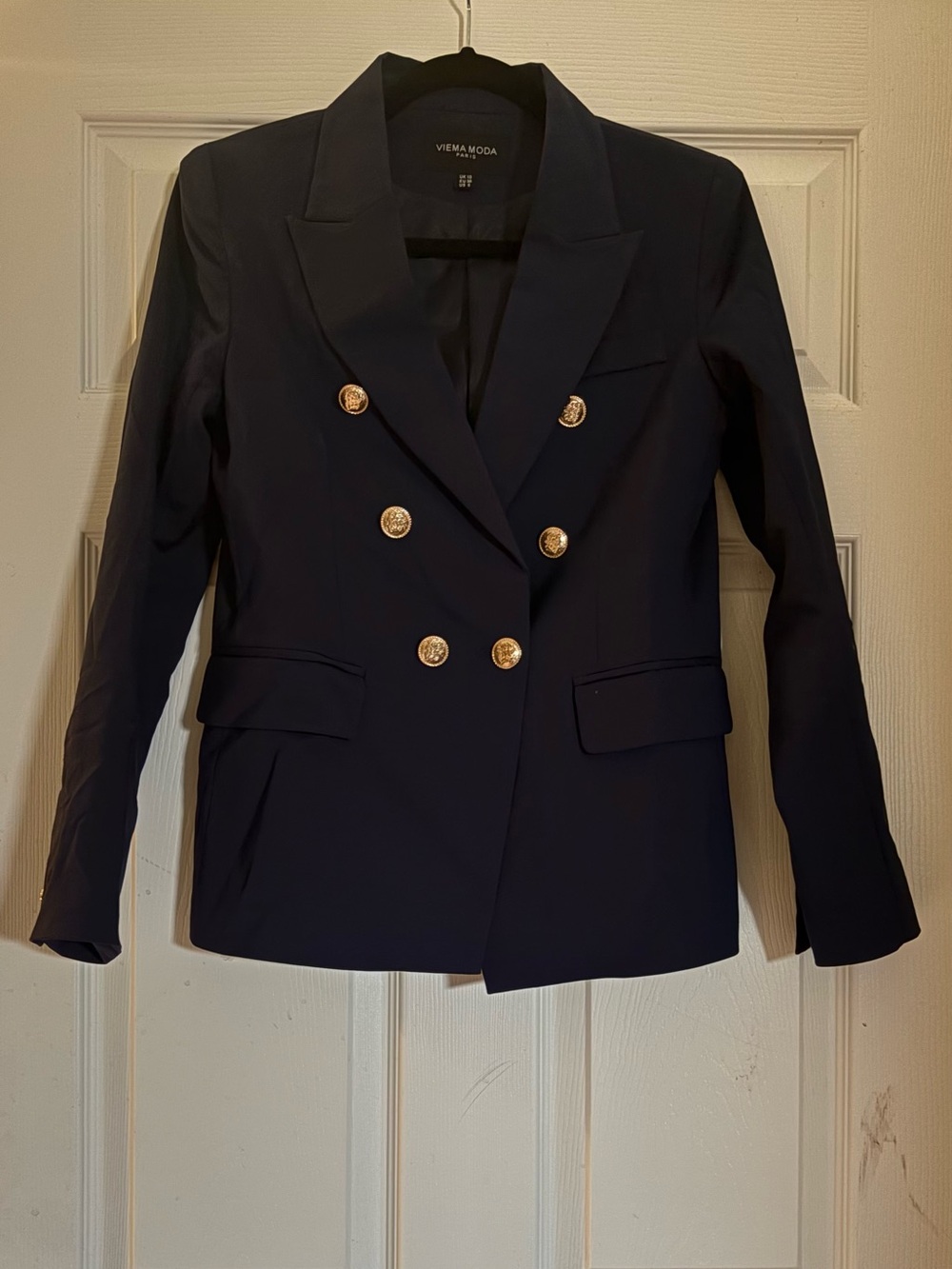 Double-Breasted Navy Blazer with Gold Buttons - Women's Jacket